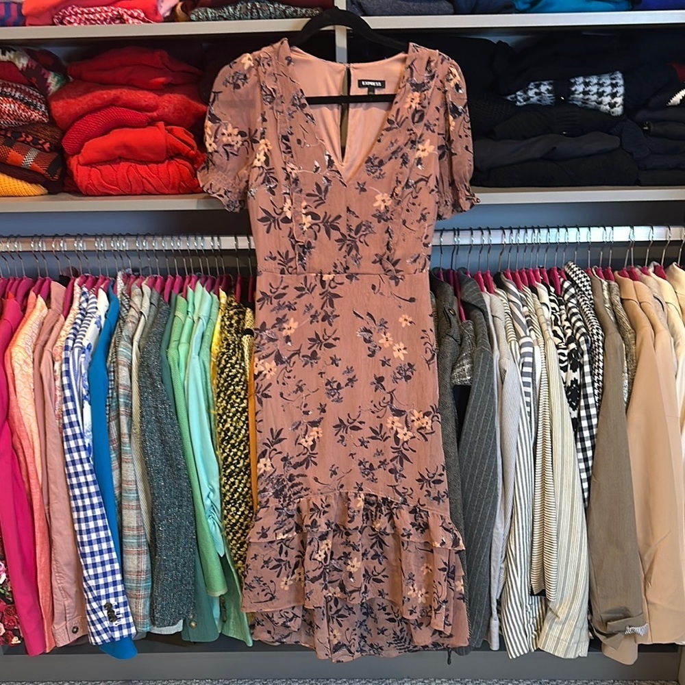 Express pink floral sheer short sleeve lined v neck button back closure dress XS